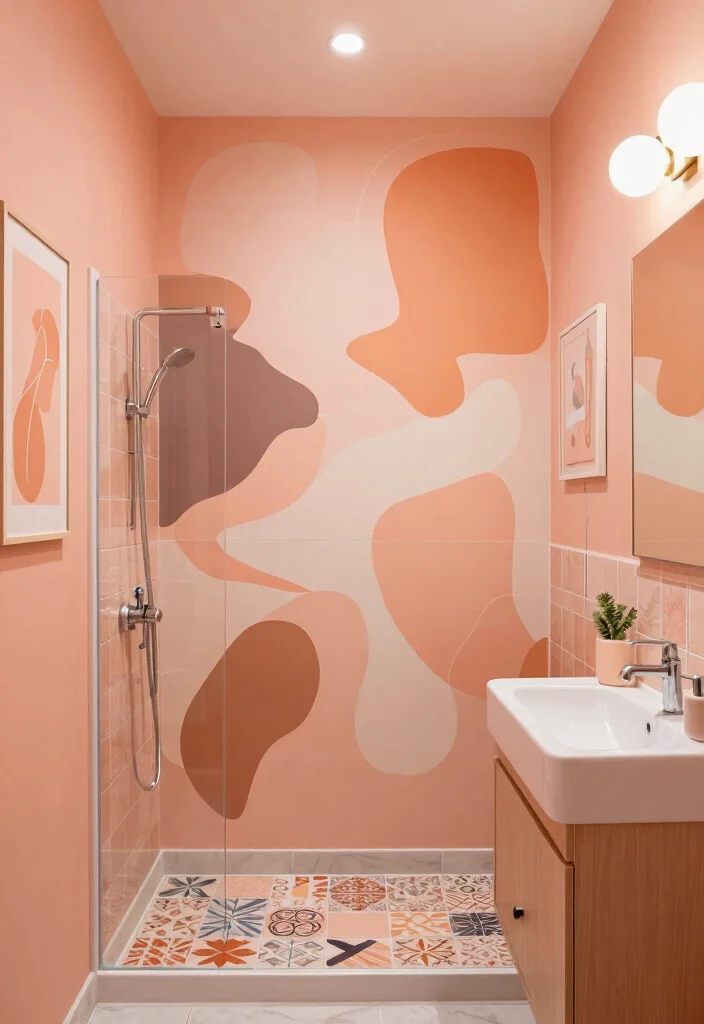 16 Peach Bathroom Ideas With Soft Warm Colour - 12. Artistic Flair with Peach 1