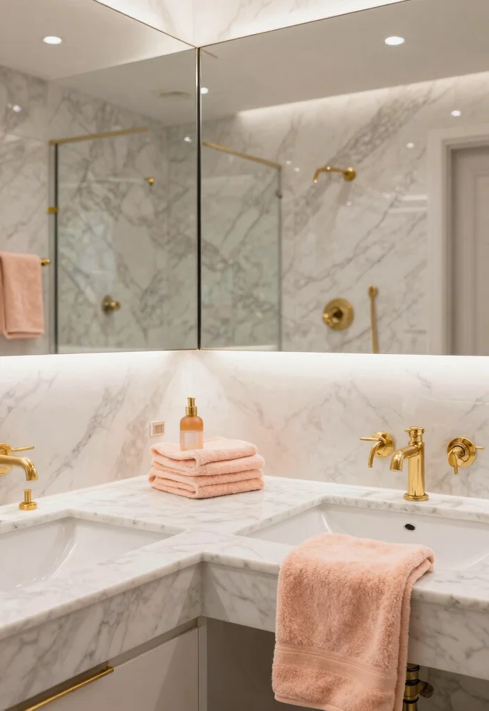 16 Peach Bathroom Ideas With Soft Warm Colour - 13. Luxurious Marble with Peach Accents 1