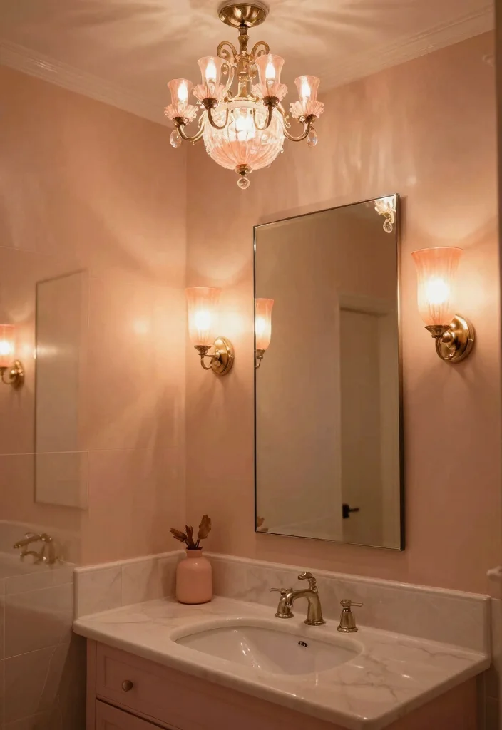 16 Peach Bathroom Ideas With Soft Warm Colour - 16. Elegant Lighting Choices 1