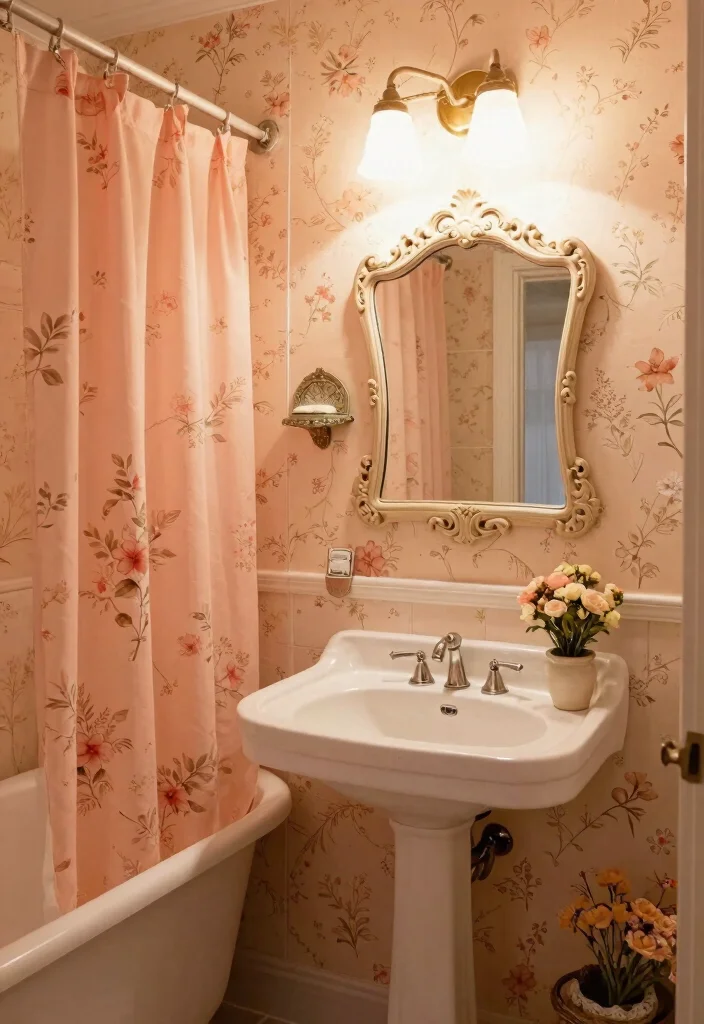 16 Peach Bathroom Ideas With Soft Warm Colour - 2. Vintage Charm with Floral Patterns 1