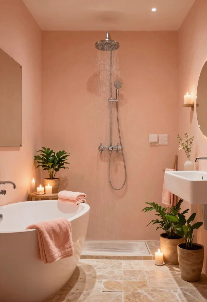 16 Peach Bathroom Ideas With Soft Warm Colour - 9. Spa-Like Experience 1