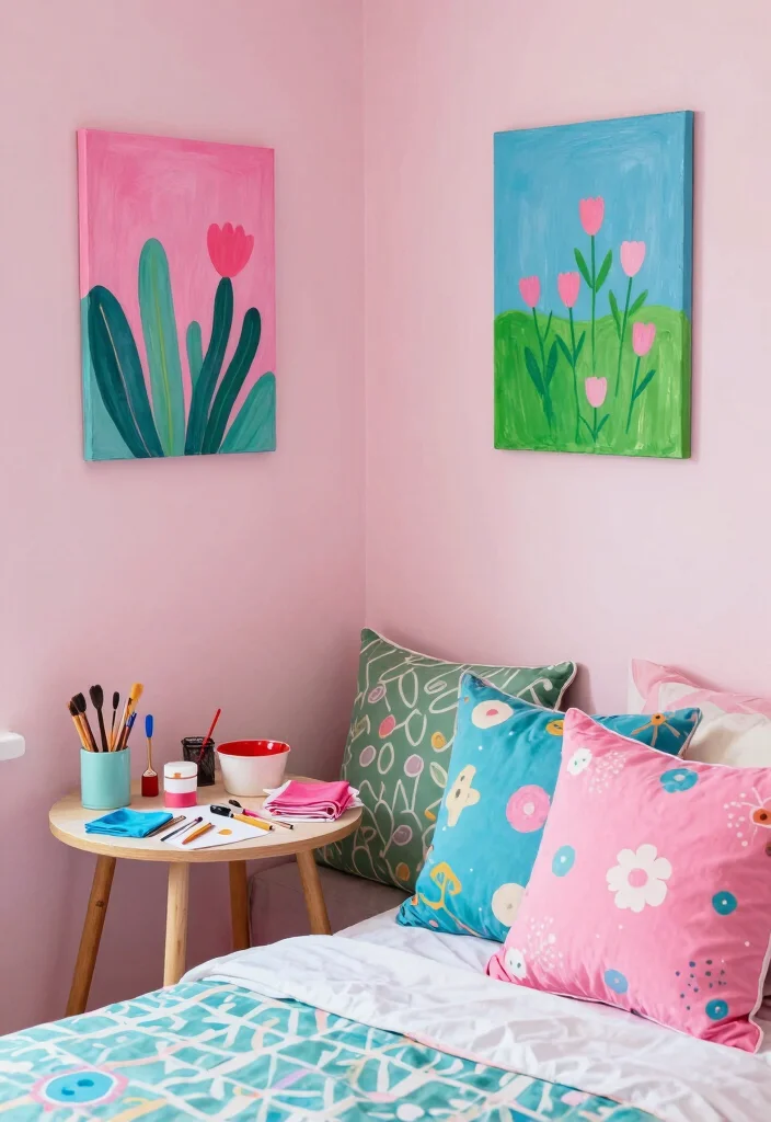 16 Pink Green and Blue Bedroom Ideas: Playful Color Harmony - 15. Creative DIY Projects: Personal Touch 1