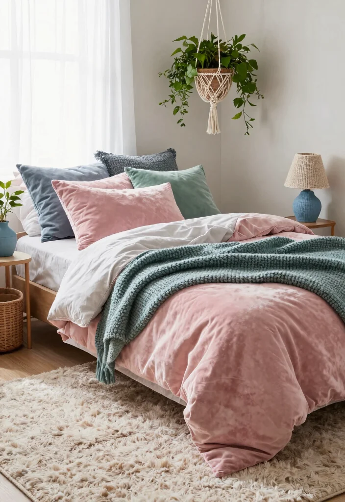 16 Pink Green and Blue Bedroom Ideas: Playful Color Harmony - 3. Layered Textures: A Cozy Retreat 1