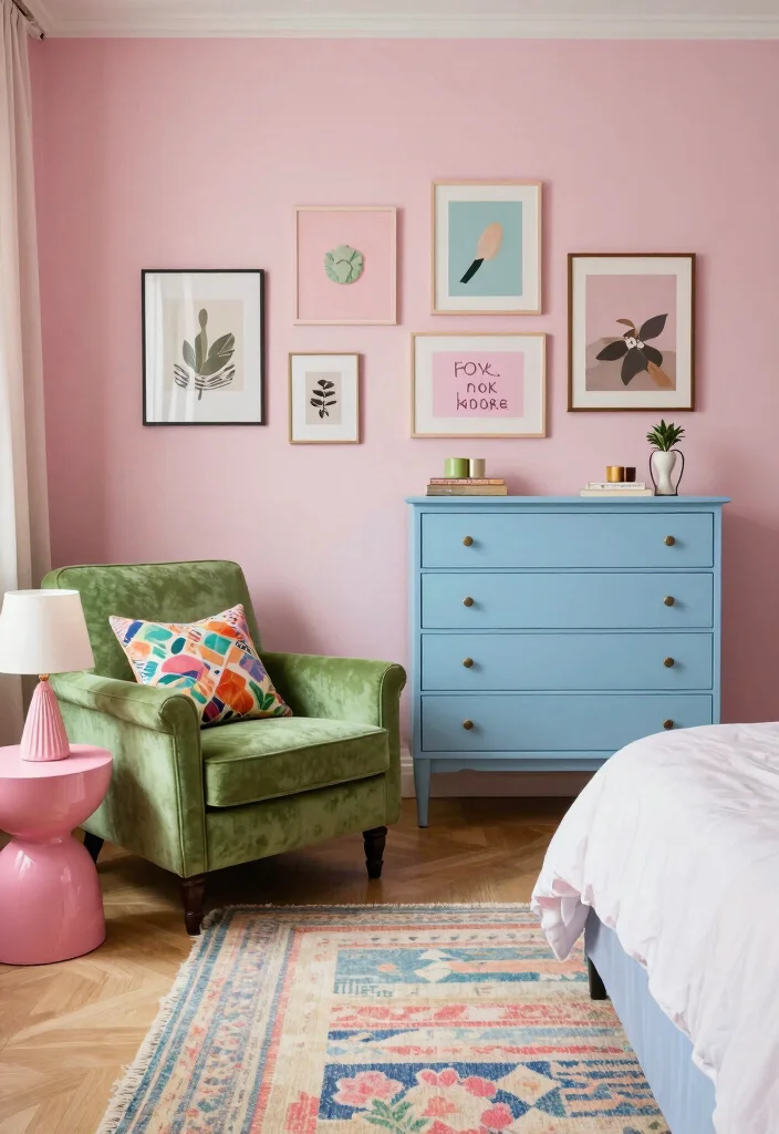 16 Pink Green and Blue Bedroom Ideas: Playful Color Harmony - 4. Eclectic Furniture Pieces: Character and Charm 1