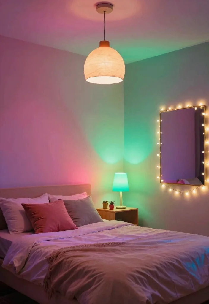 16 Pink Green and Blue Bedroom Ideas: Playful Color Harmony - 7. Colorful Lighting: Illumination with Style 1