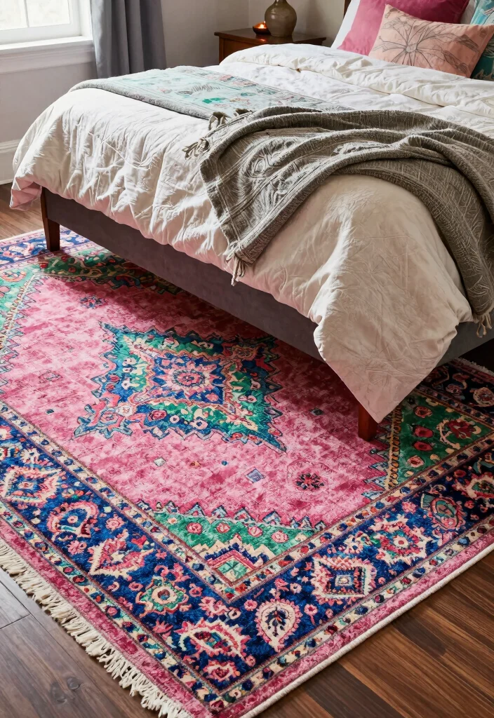 16 Pink Green and Blue Bedroom Ideas: Playful Color Harmony - 8. Statement Rugs: Ground Your Space 1
