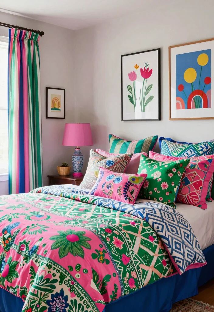 16 Pink Green and Blue Bedroom Ideas: Playful Color Harmony - 9. Mix and Match Patterns: Eclectic Harmony 1