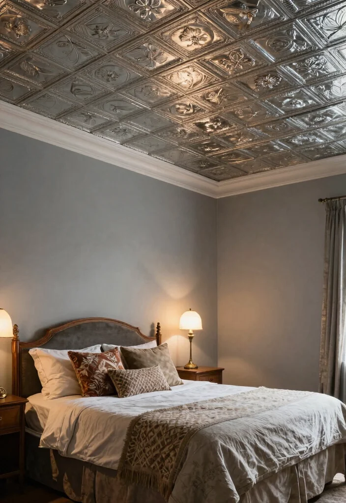 16 Wooden Ceiling Design Bedroom Ideas: Warm Luxe Finish - 11. Vintage Tin Tiles 1