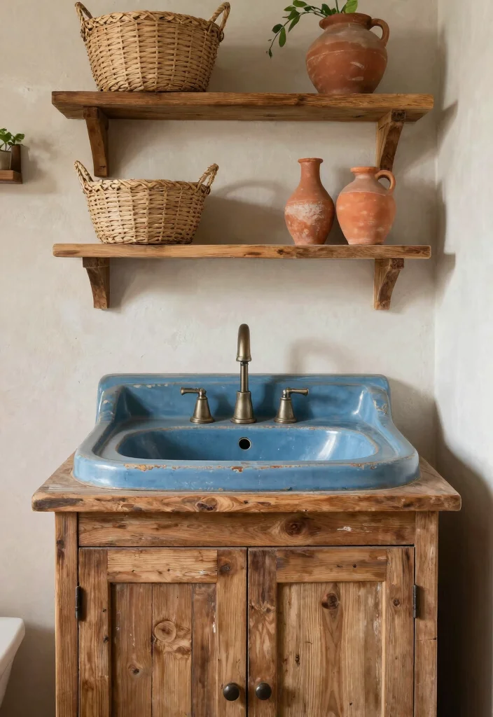 17 Blue Sink Bathroom Ideas With Fresh Colour - 10. Rustic Blue Sink with Wood Accents 1