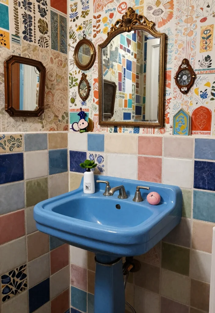 17 Blue Sink Bathroom Ideas With Fresh Colour - 12. Vintage Blue Sink in Eclectic Decor 1