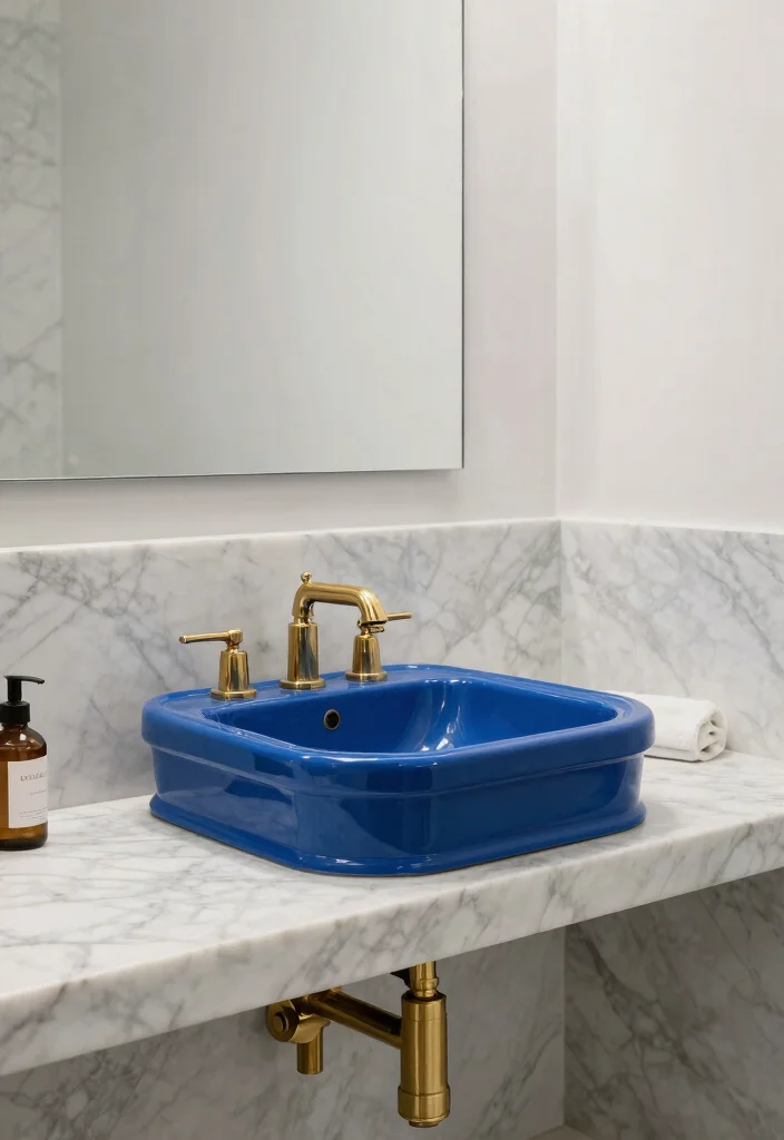 17 Blue Sink Bathroom Ideas With Fresh Colour - 13. Luxurious Blue Sink with Marble Accents 1