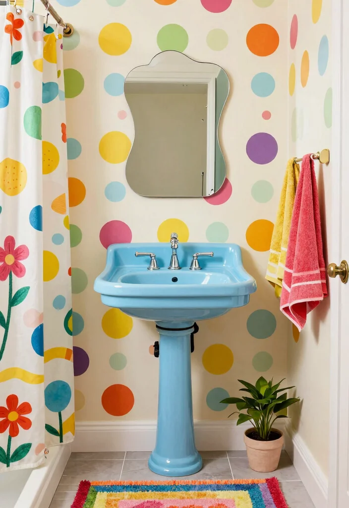 17 Blue Sink Bathroom Ideas With Fresh Colour - 3. Playful Patterns and a Sky Blue Sink 1