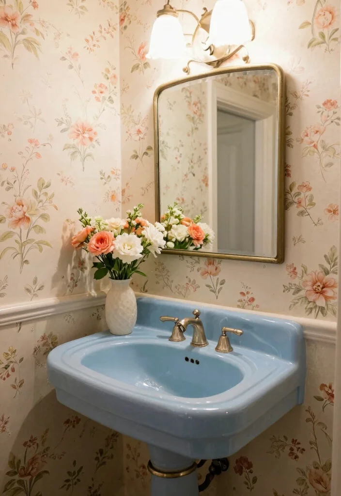 17 Blue Sink Bathroom Ideas With Fresh Colour - 5. Vintage Charming with Floral Accents 1