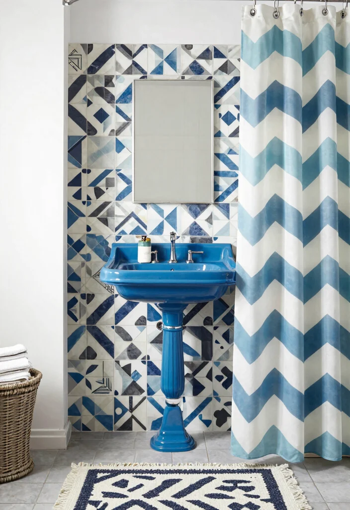 17 Blue Sink Bathroom Ideas With Fresh Colour - 8. Blue Sink with Geometric Prints 1