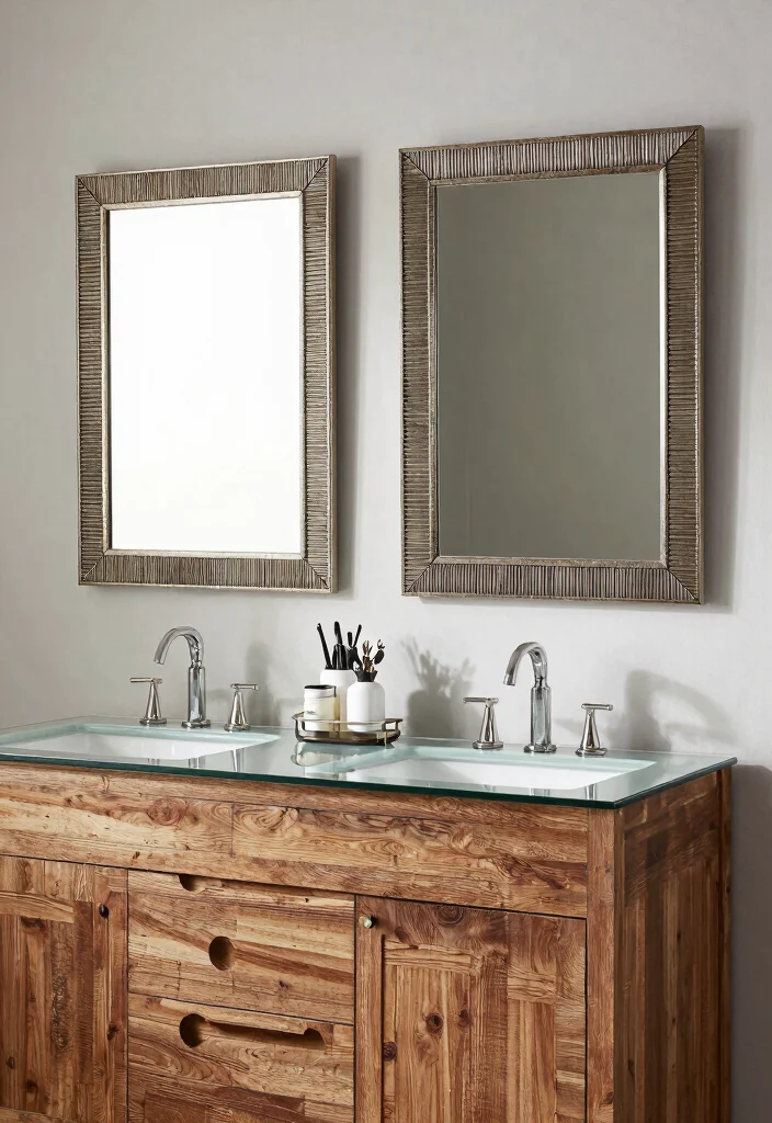 17 Double Mirror Bathroom Vanity Ideas For Balanced Design - 12. Mixed Materials 1