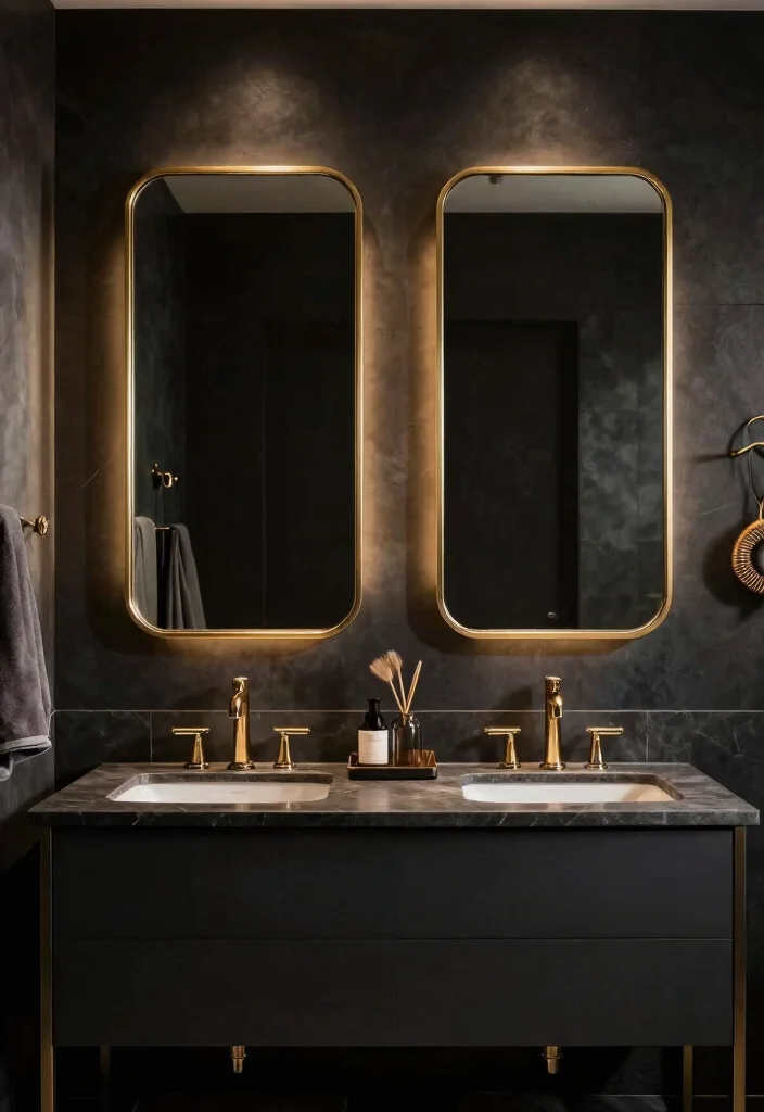 17 Double Mirror Bathroom Vanity Ideas For Balanced Design - 16. Dark and Mysterious 1