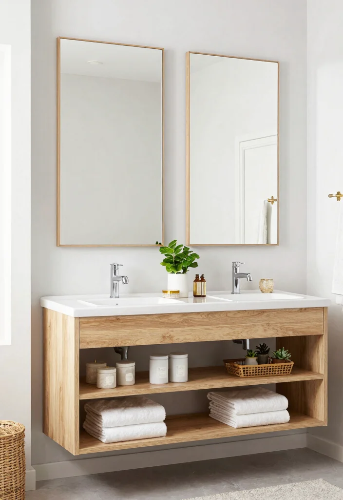 17 Double Mirror Bathroom Vanity Ideas For Balanced Design - 6. Open Shelving Vibes 1