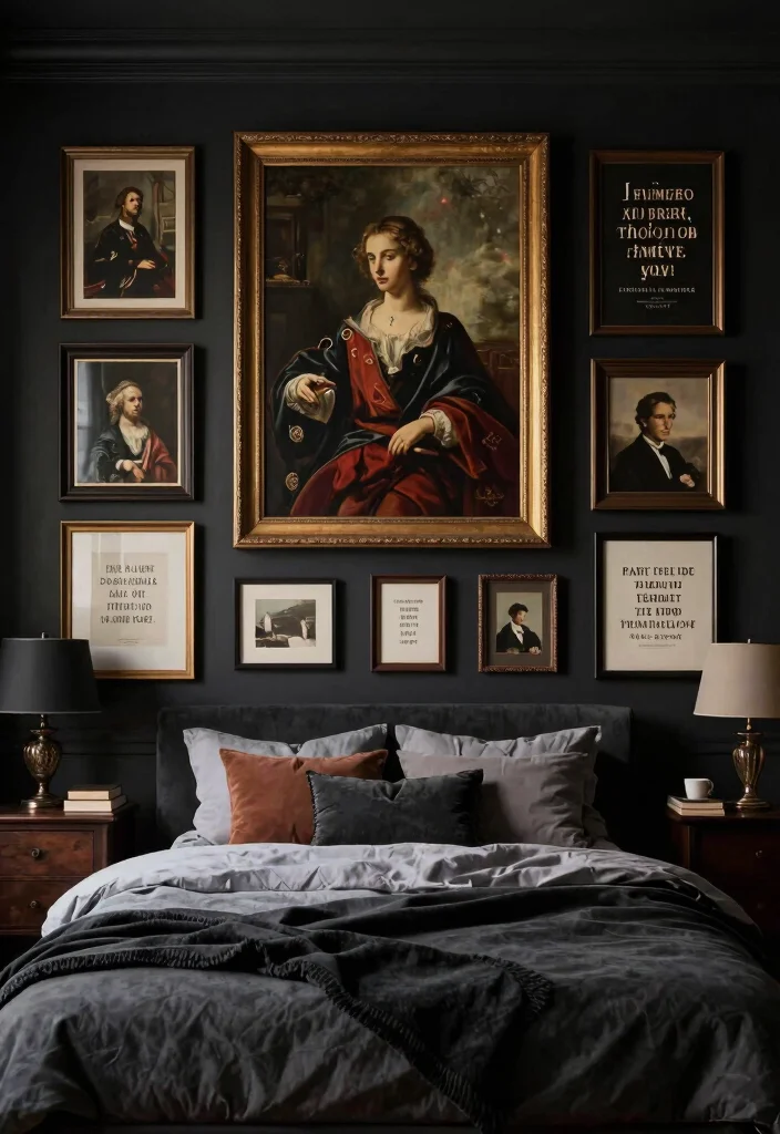 18 Modern Dark Academia Bedroom Ideas: Moody Intellectual Style - 12. Play with Wall Art 1