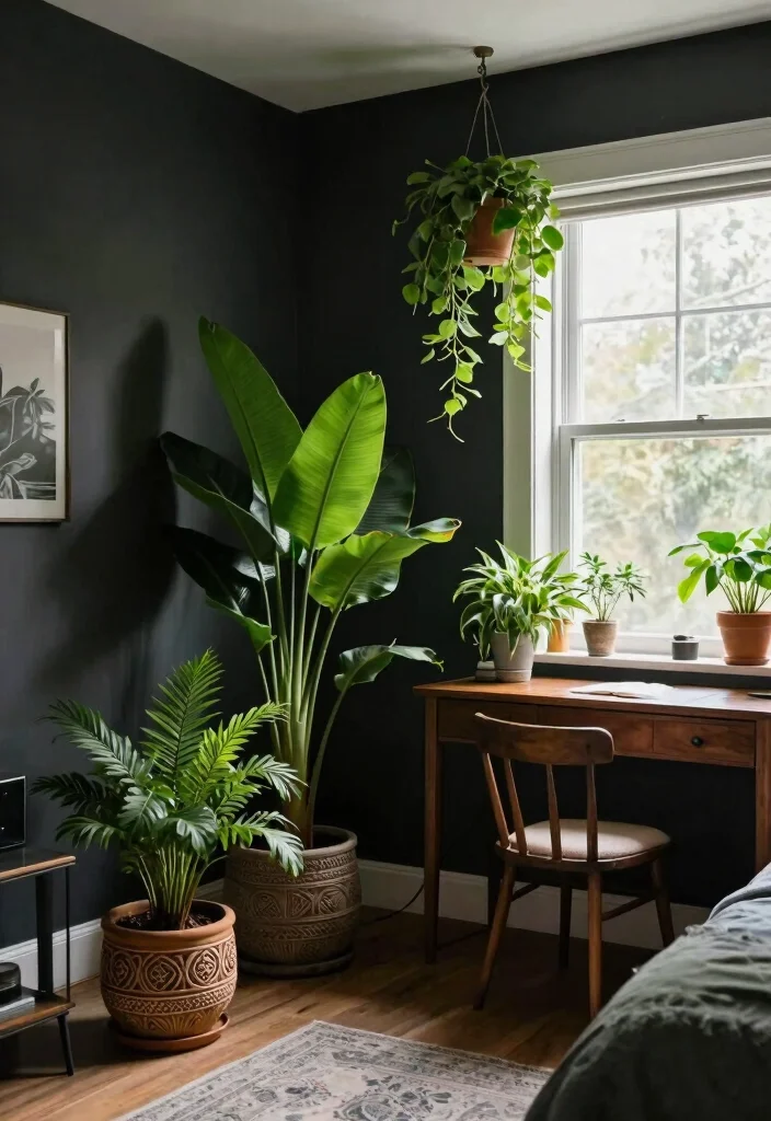 18 Modern Dark Academia Bedroom Ideas: Moody Intellectual Style - 9. Include Plants for Freshness 1