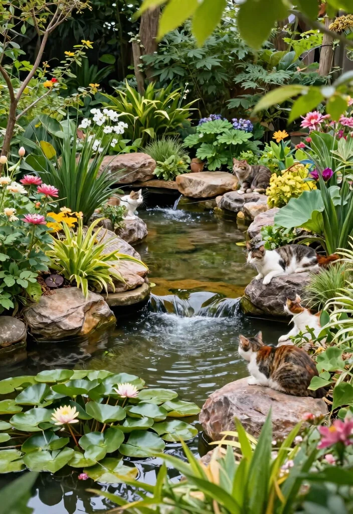 10 Outdoor Cat Room Ideas That Keep Indoor Cats Safe in Fresh Air - 8. Garden Pond with Safe Access 1