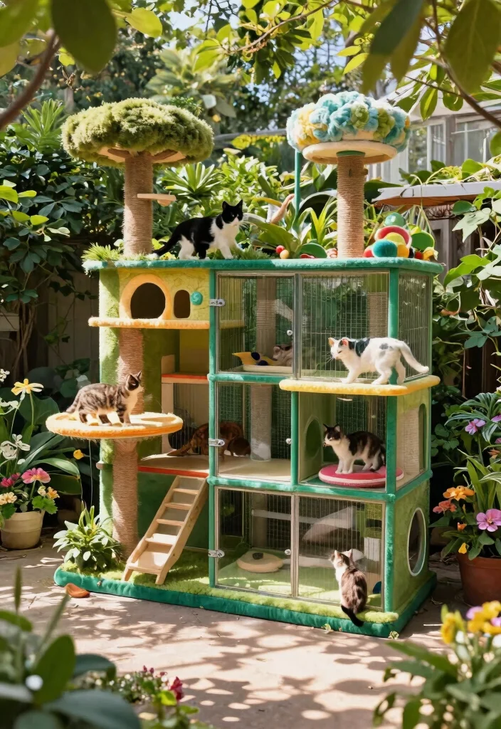 10 Outdoor Cat Room Ideas That Keep Indoor Cats Safe in Fresh Air - 9. Multi-Level Cat Enclosure with Garden Integration 1