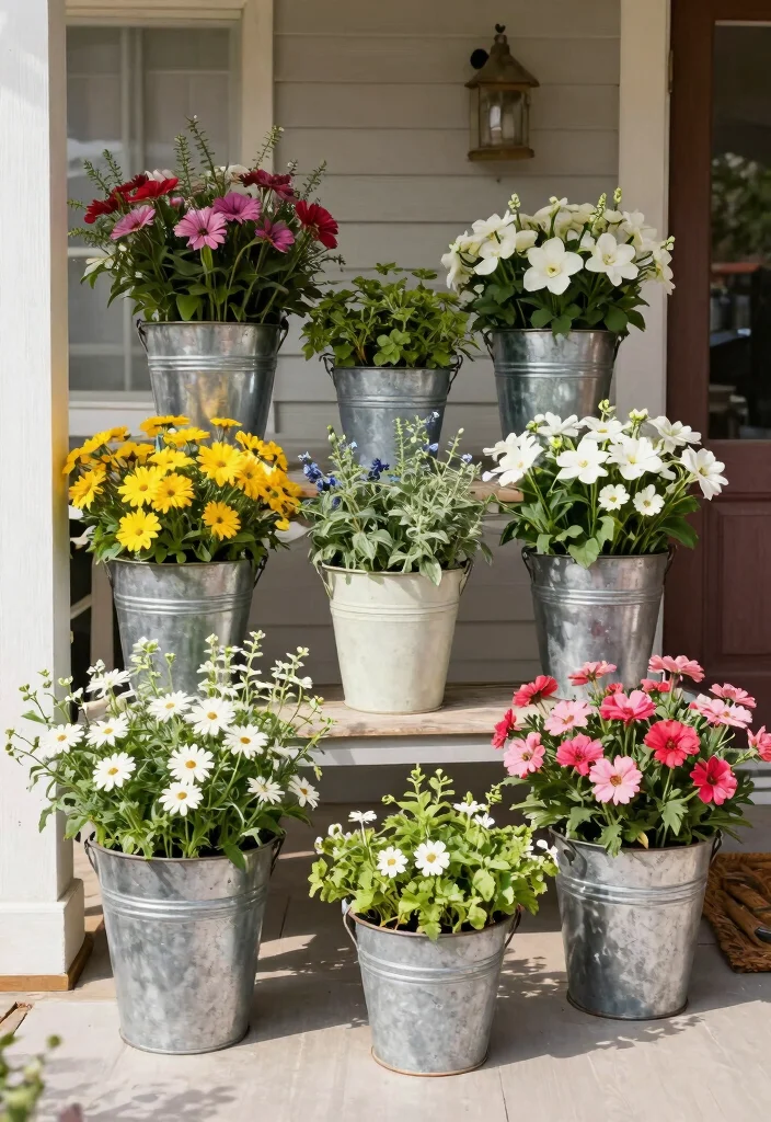 12 Big Flower Pot Ideas That Anchor a Porch Without Breaking - 10. Vintage Metal Buckets 1