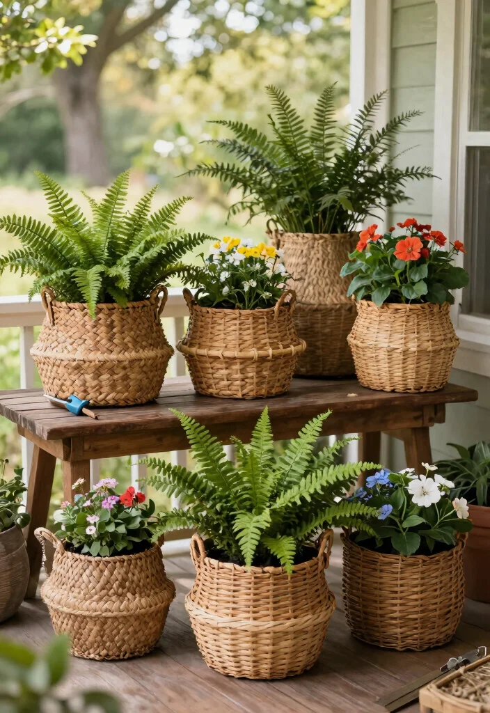 12 Big Flower Pot Ideas That Anchor a Porch Without Breaking - 3. Woven Basket Planters 1