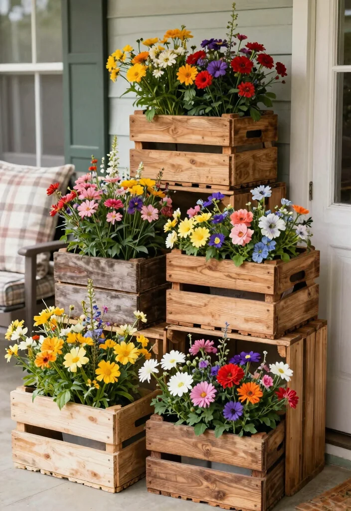 12 Big Flower Pot Ideas That Anchor a Porch Without Breaking - 6. Charming Wooden Crates 1