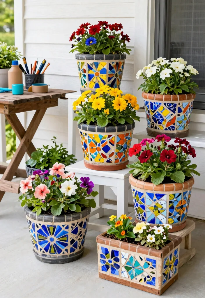 12 Big Flower Pot Ideas That Anchor a Porch Without Breaking - 8. Artistic Mosaic Planters 1