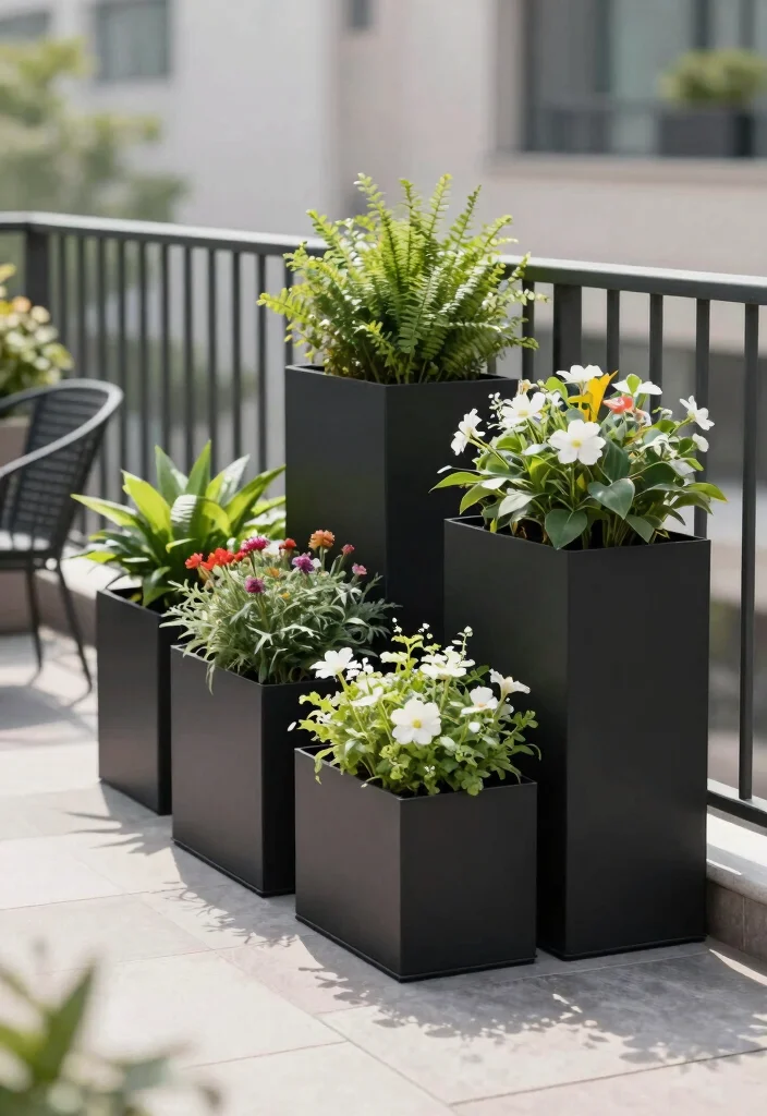 12 Big Flower Pot Ideas That Anchor a Porch Without Breaking - 9. Minimalistic Black Metal Planters 1