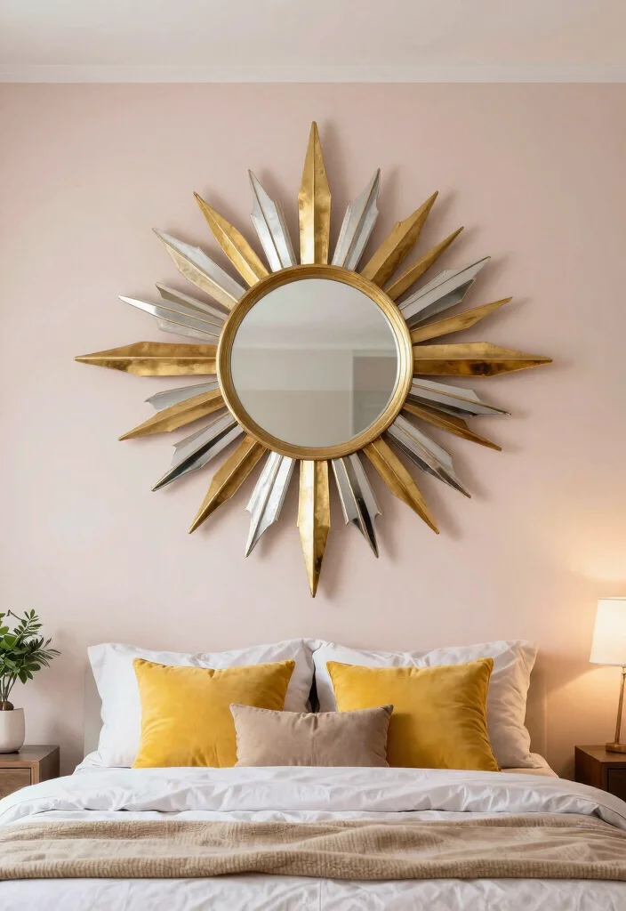 12 Ceiling Mirror Above Bed Ideas That Mount Safely Without Falling Risk - 2. Artistic Starburst Mirror 1