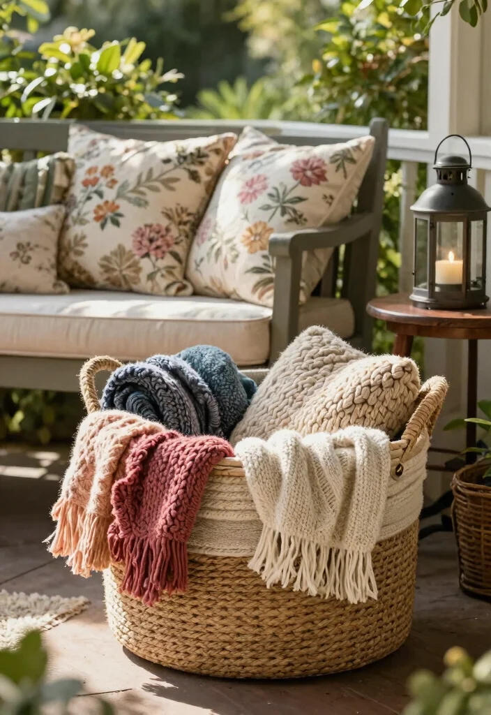 12 Porch Bench Decorating Ideas That Hide Clutter and Look Inviting - 2. Cozy Blanket Basket 1