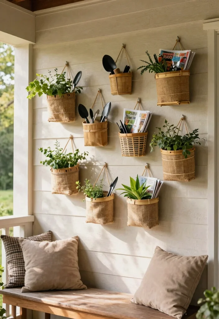 12 Porch Bench Decorating Ideas That Hide Clutter and Look Inviting - 6. Hanging Wall Baskets 1