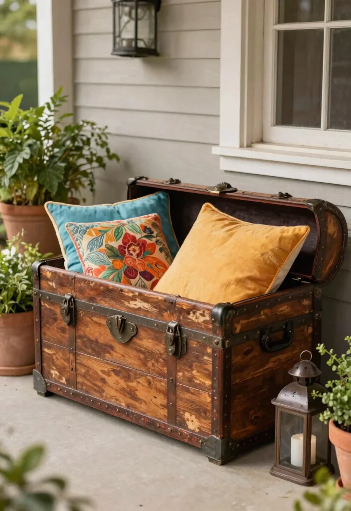 12 Porch Bench Decorating Ideas That Hide Clutter and Look Inviting - 8. Trunk for Extra Storage 1