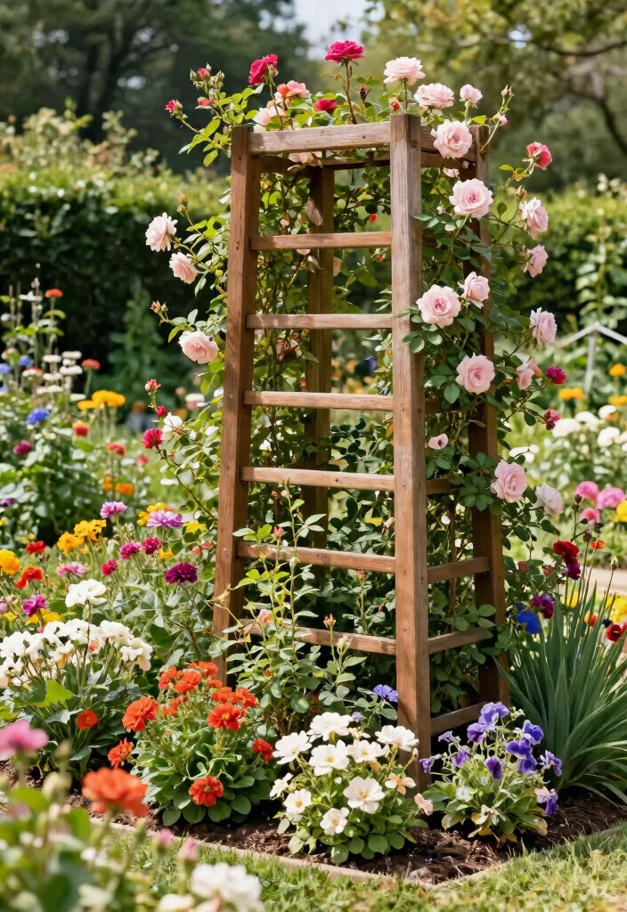 12 Window Trellis Exterior Ideas That Support Climbing Roses - 10. Freestanding Trellis in a Garden Bed 1