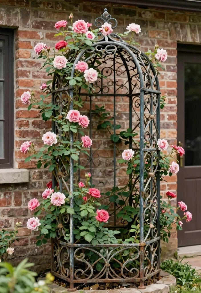 12 Window Trellis Exterior Ideas That Support Climbing Roses - 11. Vintage Iron Trellis 1