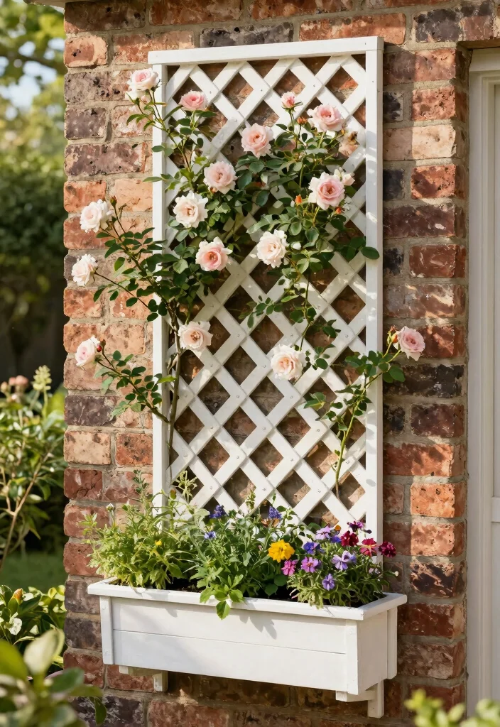 12 Window Trellis Exterior Ideas That Support Climbing Roses - 3. Lattice Trellis with Planter Box 1