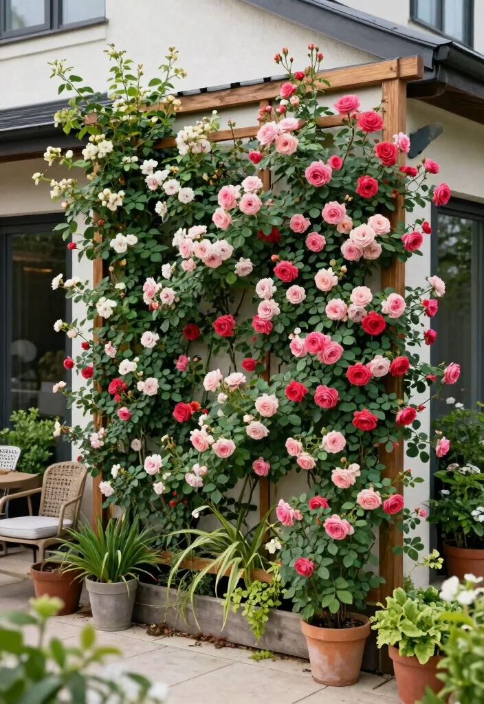 12 Window Trellis Exterior Ideas That Support Climbing Roses - 4. Vertical Garden Wall with Climbing Roses 1