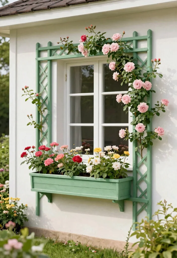 12 Window Trellis Exterior Ideas That Support Climbing Roses - 6. Trellis Frame for Window Boxes 1