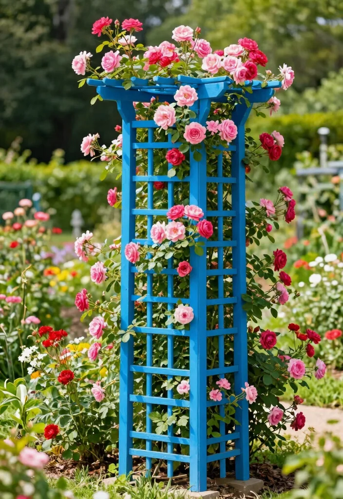 12 Window Trellis Exterior Ideas That Support Climbing Roses - 9. Painted Trellis for a Pop of Color 1