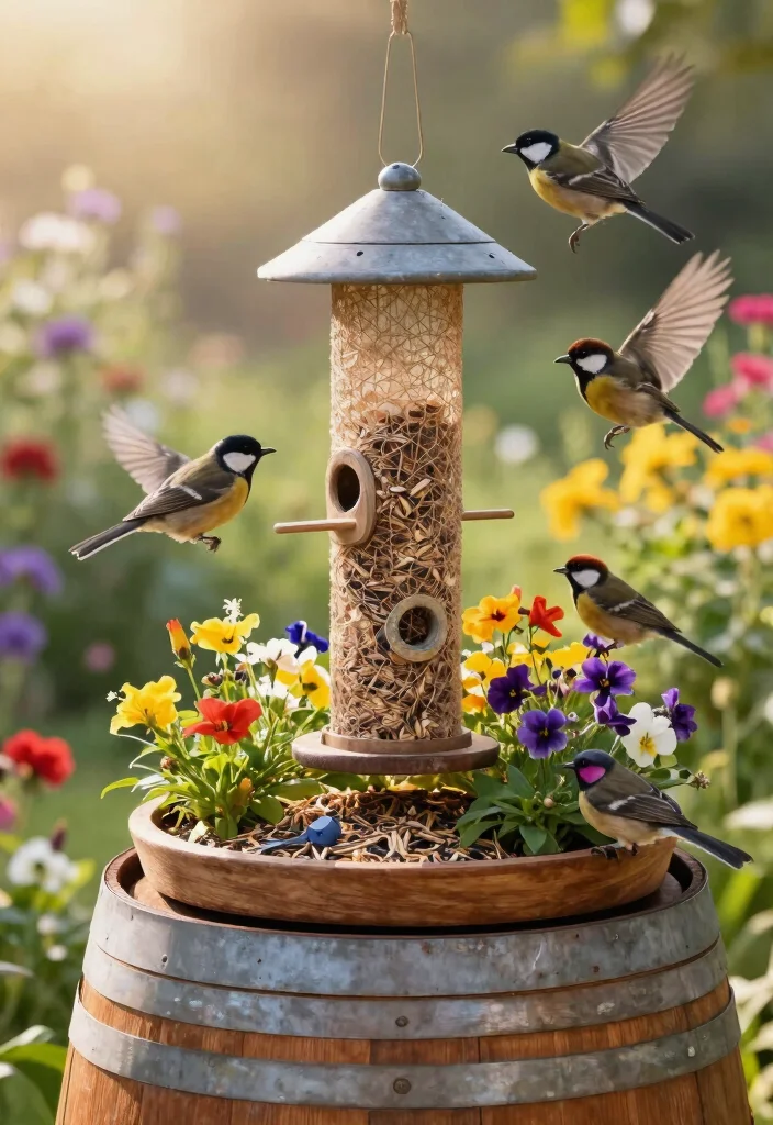12 Wine Barrel Planter Ideas That Drain Without Root Rot - 10. Wine Barrel Bird Feeder Planter 1