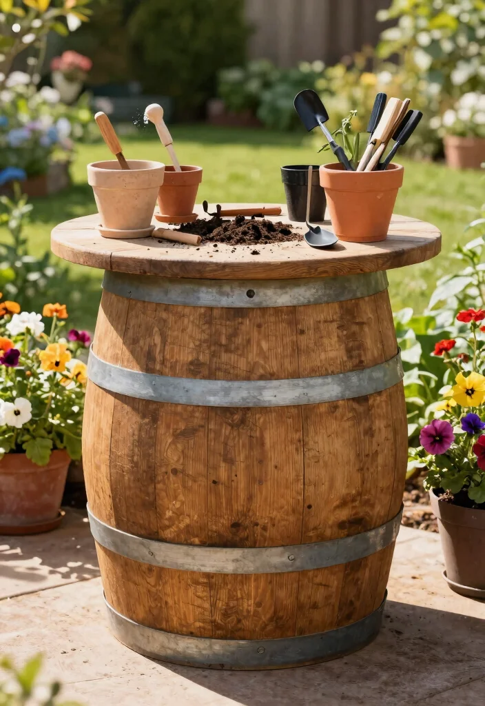 12 Wine Barrel Planter Ideas That Drain Without Root Rot - 12. Wine Barrel Potting Station 1