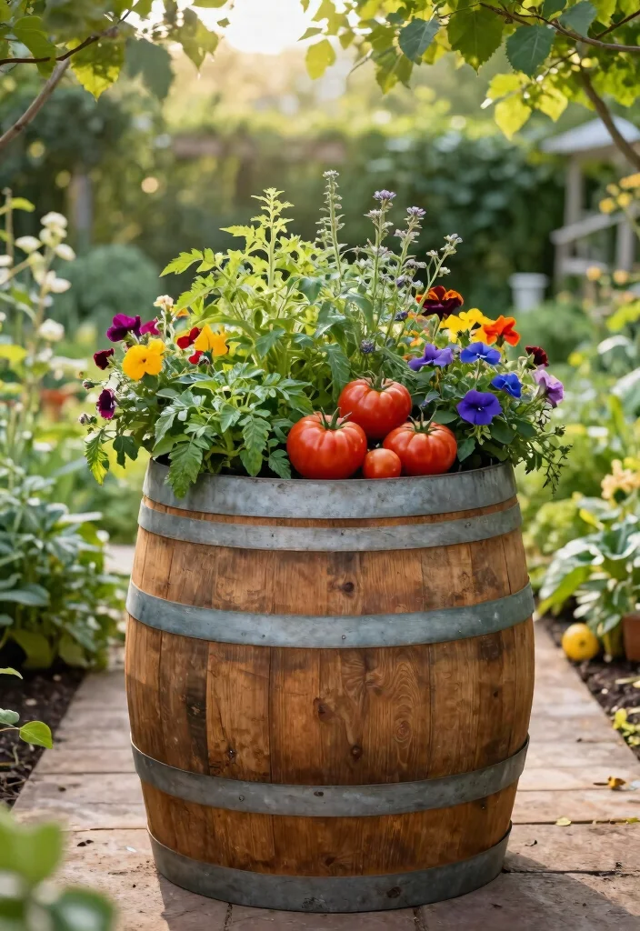 12 Wine Barrel Planter Ideas That Drain Without Root Rot - 2. Cut Half Wine Barrel Planter 1