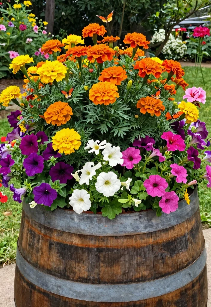12 Wine Barrel Planter Ideas That Drain Without Root Rot - 5. Wine Barrel Flower Garden 1