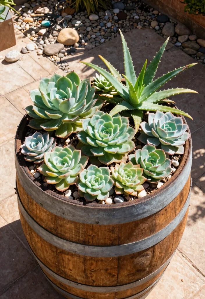 12 Wine Barrel Planter Ideas That Drain Without Root Rot - 6. Wine Barrel Succulent Garden 1