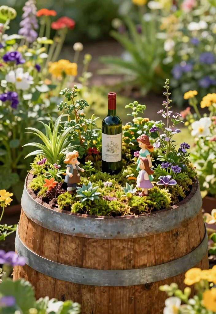 12 Wine Barrel Planter Ideas That Drain Without Root Rot - 9. Wine Barrel Fairy Garden 1