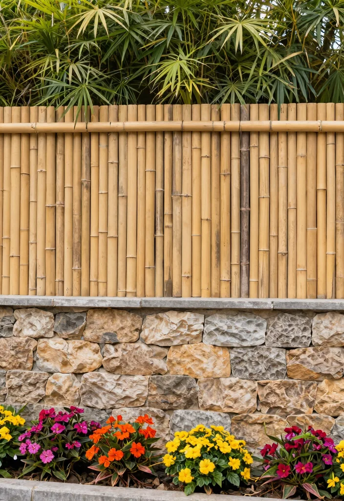 14 Bamboo Fence Ideas That Block Neighbors Without Permits - 12. Bamboo and Stone Wall Combo 1