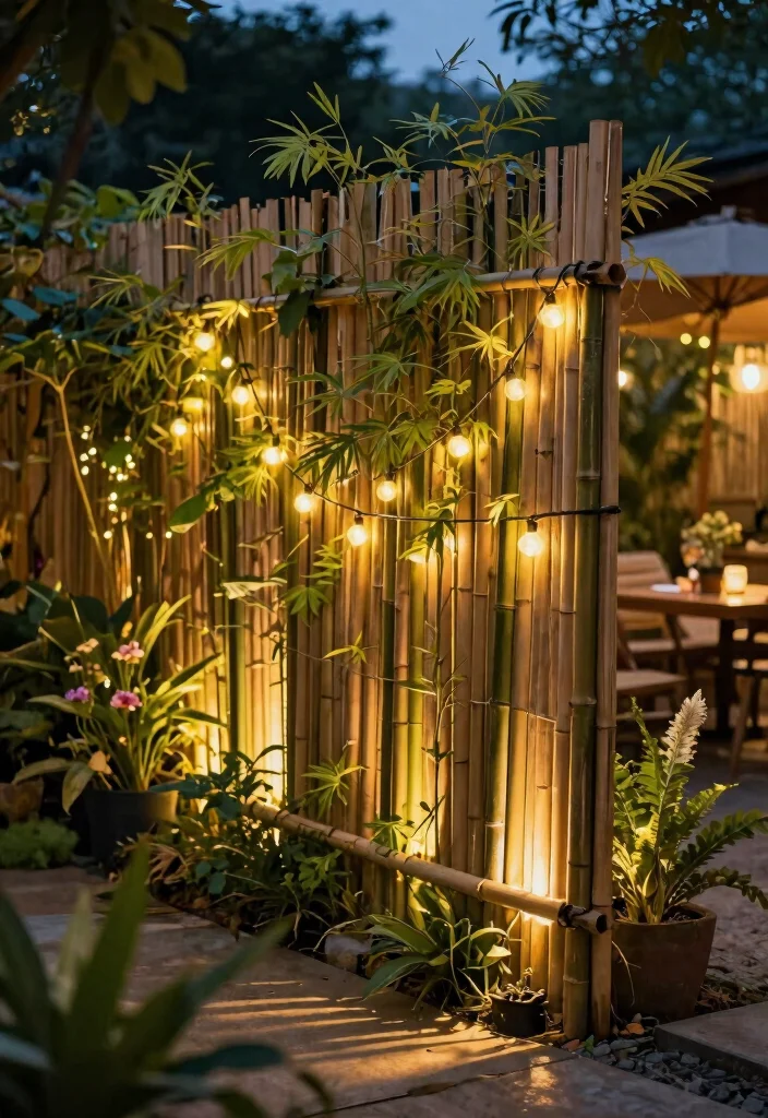14 Bamboo Fence Ideas That Block Neighbors Without Permits - 13. Bamboo Fencing with Lighting Accents 1