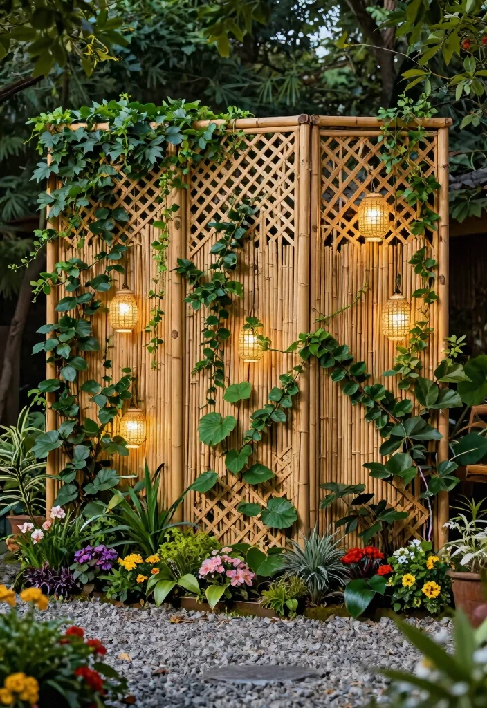 14 Bamboo Fence Ideas That Block Neighbors Without Permits - 3. Bamboo Screen with Lattice Design 1