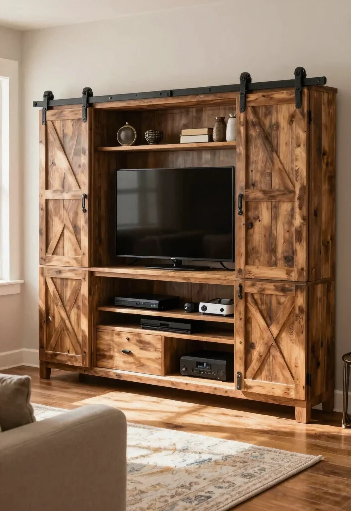 14 Farmhouse TV Stand Ideas That Hide All the Cords - 1. Rustic Barn Door TV Stand 1
